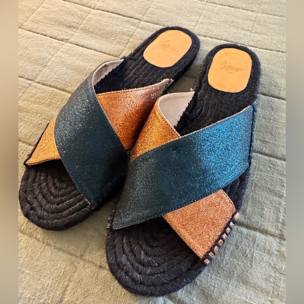NEW Castaner Espadrille Sandals Palmera Mules Glitter Blue Bronze 40 US 9 NWOB
